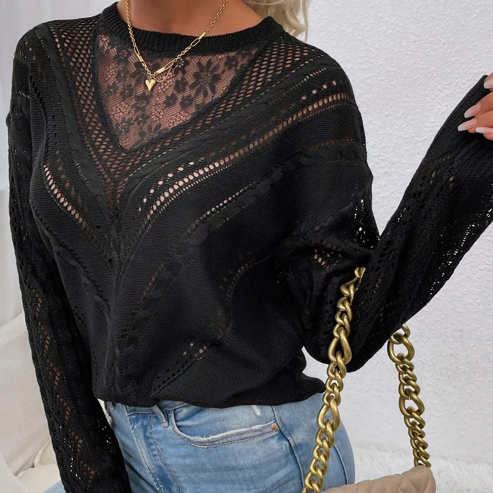 Cozy Floral Lace Mesh Knit Oversized Sweater Top - Picture 14 of 14